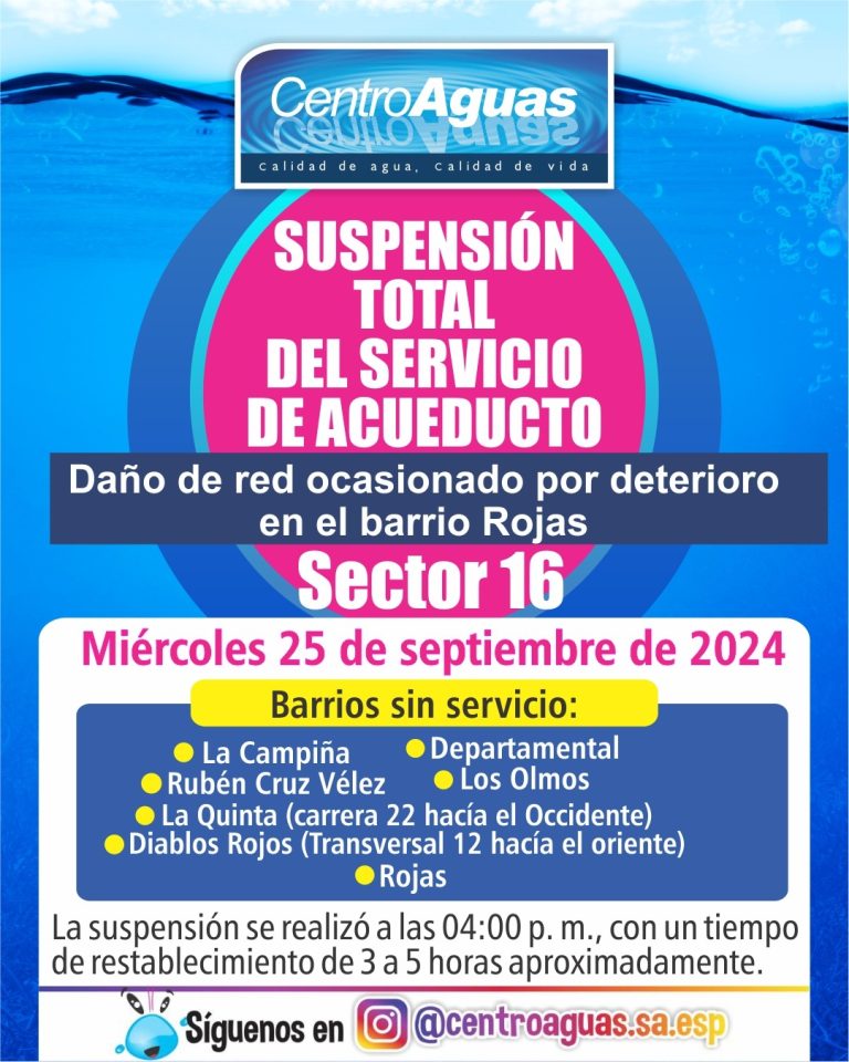 Suspensión total del servicio de acueducto del sector 16