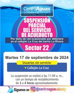 Suspensión parcial del servicio de acueducto en el sector 22