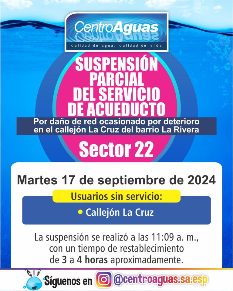 Suspensión parcial del servicio de acueducto en el sector 22