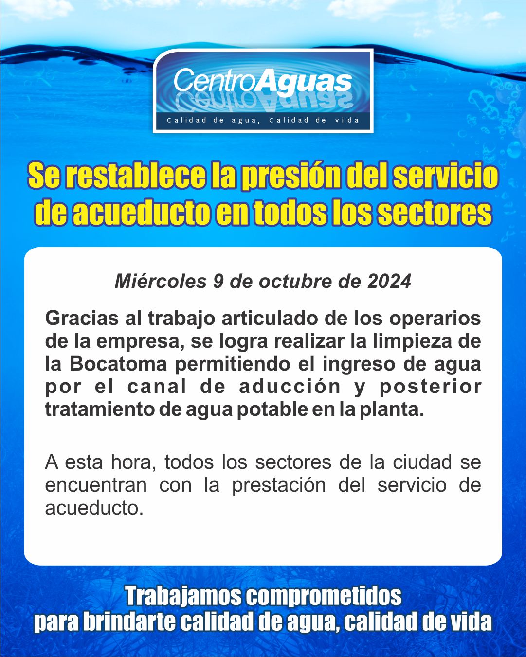 Se restablece la presión del servicio de acueducto en todos los sectores