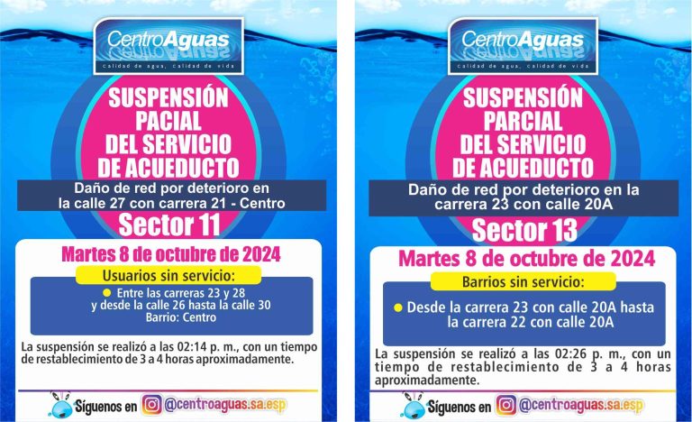 Suspensión parcial del servicio de acueducto en los sectores 11 y 13
