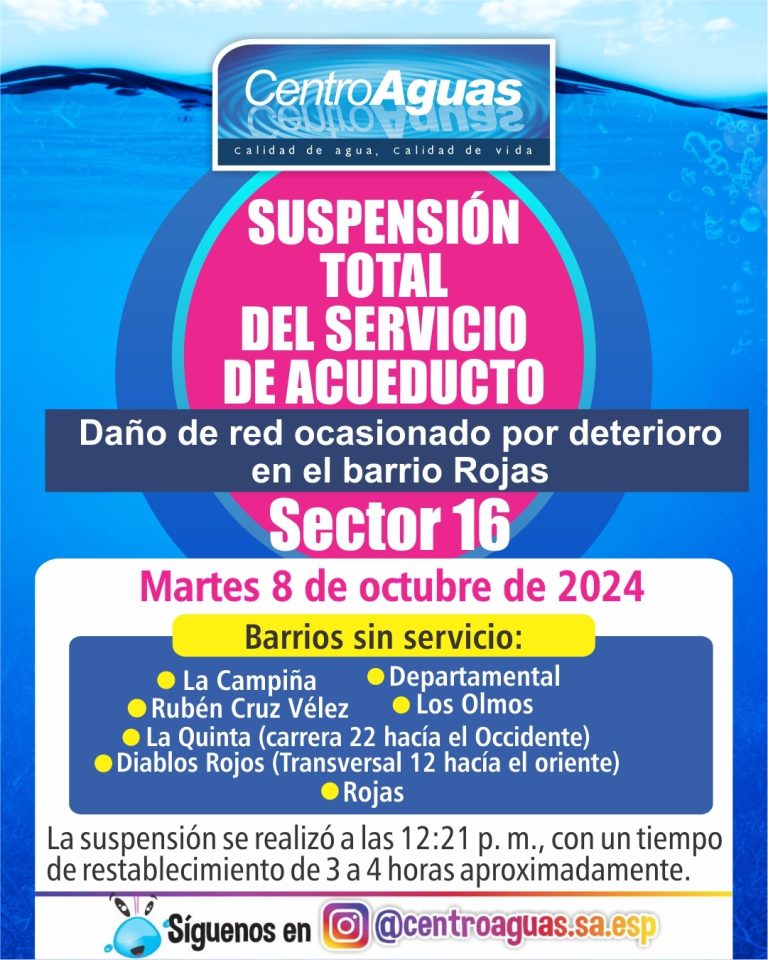 Suspensión total del servicio de acueducto del sector 16