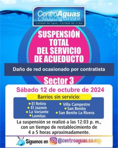Suspensión total del servicio de acueducto del sector 3