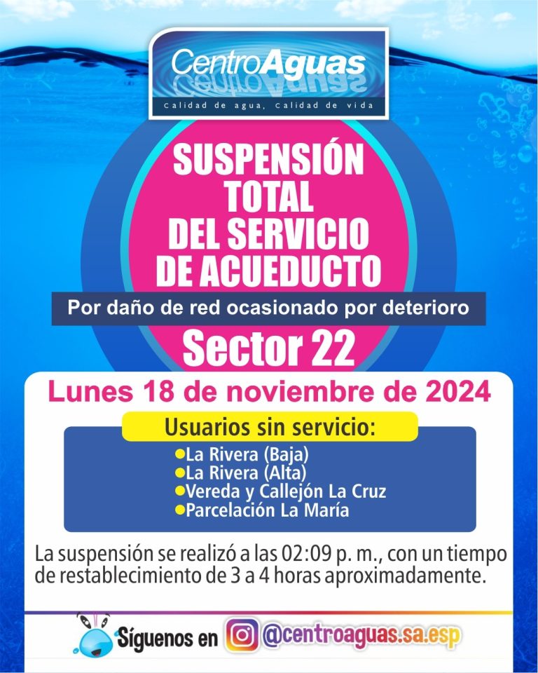 Suspensión total del servicio de acueducto en el sector 22