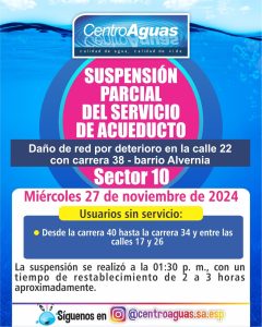 Suspensión parcial del servicio de acueducto en el sector 10