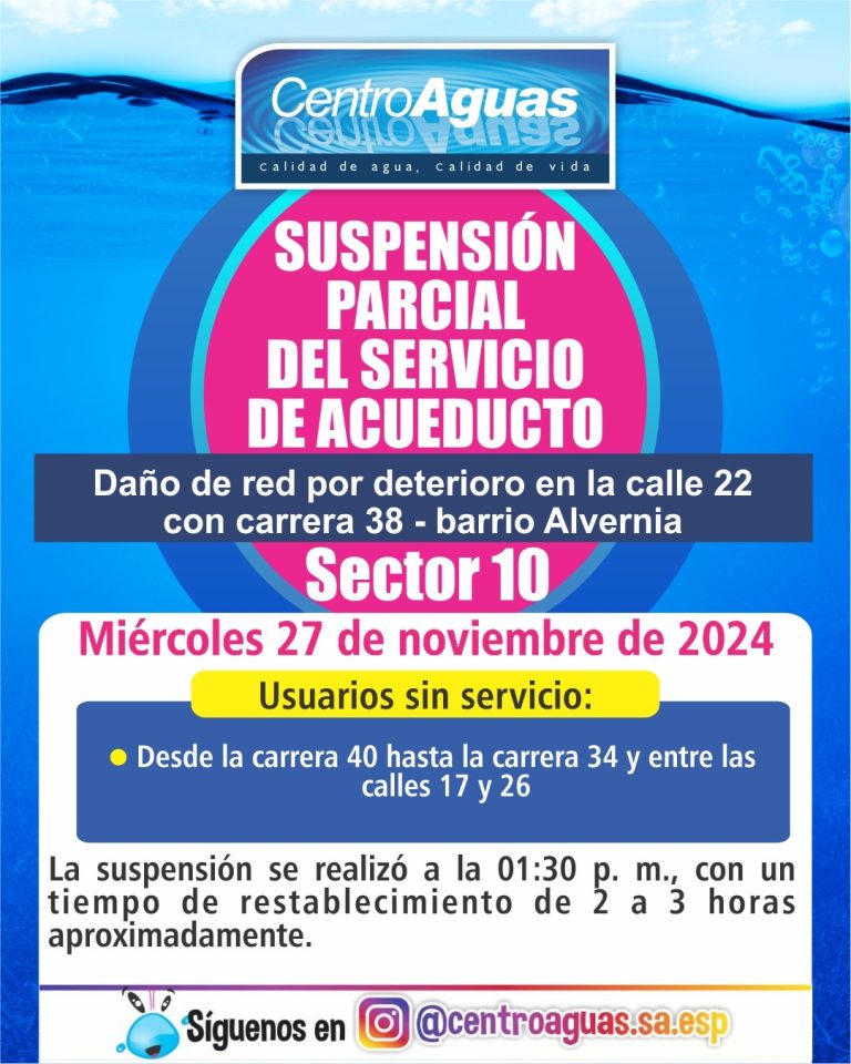 Suspensión parcial del servicio de acueducto en el sector 10