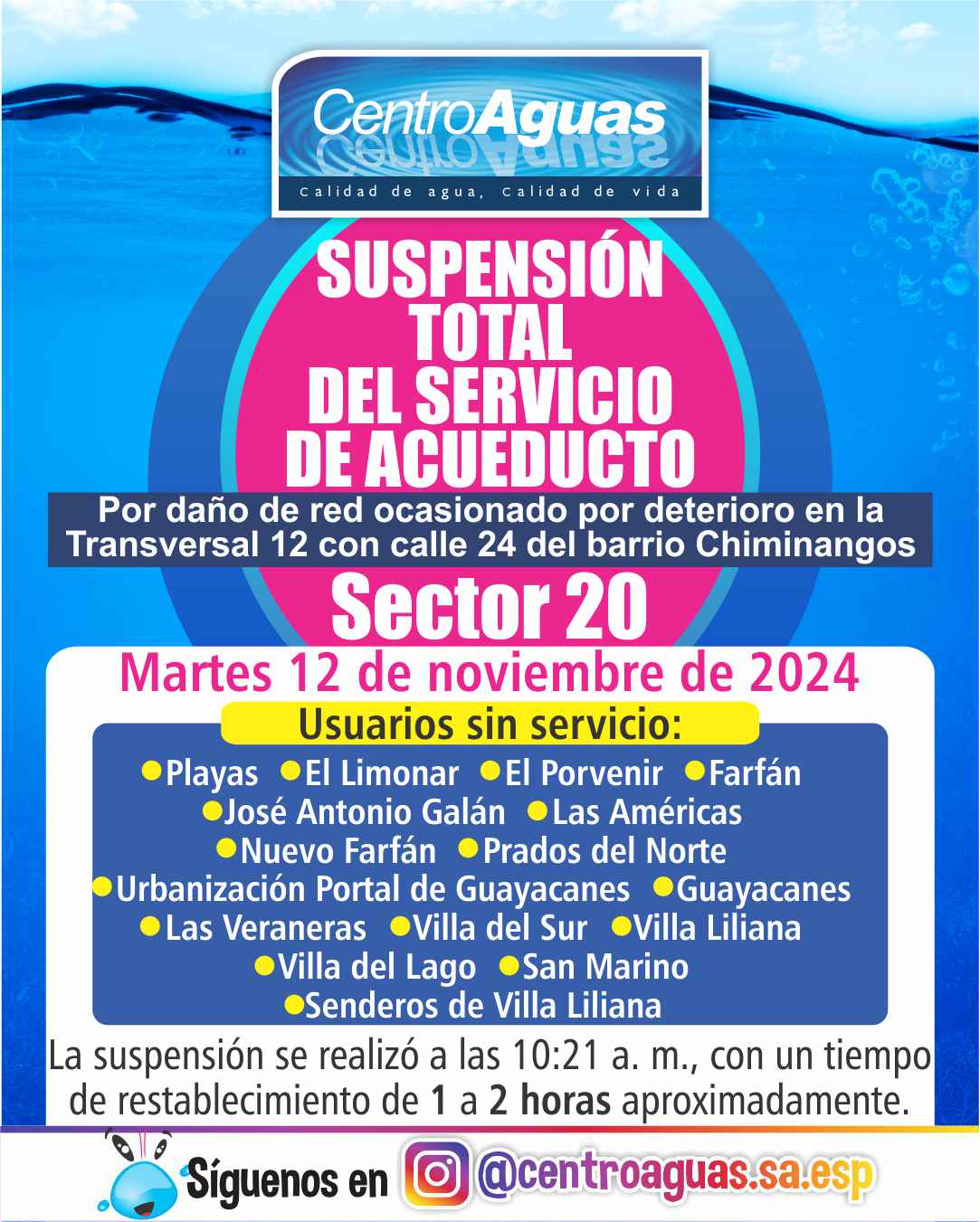 Suspensión total del servicio de acueducto del sector 20