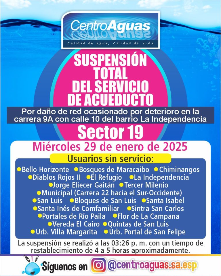 Suspensión total del servicio de acueducto del sector 19