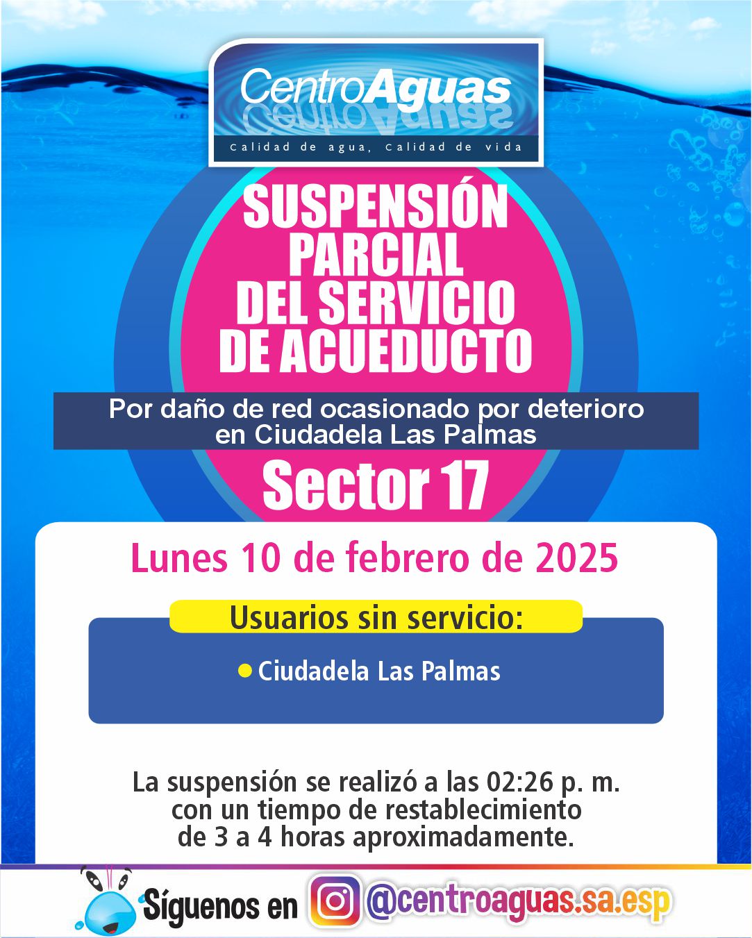 Suspensión parcial del servicio de acueducto del sector 17