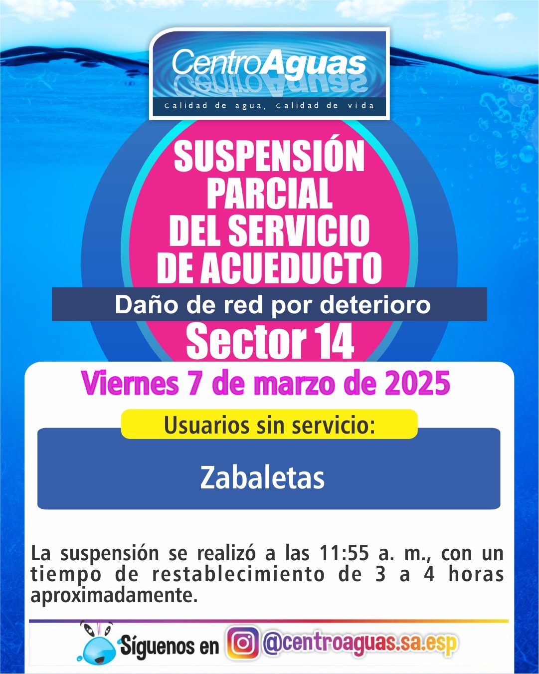 Suspensión parcial del servicio de acueducto del sector 14