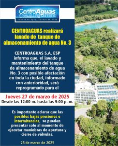CENTROAGUAS realizará lavado de tanque de almacenamiento de agua No. 3