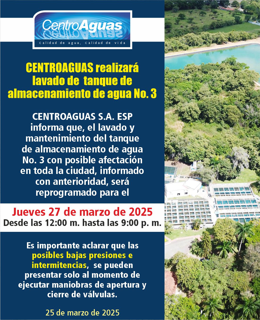 CENTROAGUAS realizará lavado de tanque de almacenamiento de agua No. 3