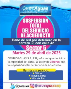 Se extiende suspensión total del servicio de acueducto en el sector 5