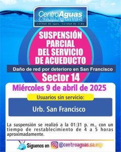 Suspensión parcial del servicio de acueducto del sector 14