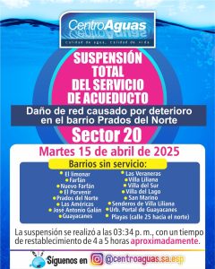 Suspensión total del servicio de acueducto del sector 20