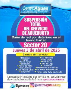 Suspensión total del servicio de acueducto del sector 20