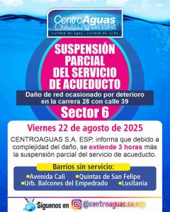 Se extiende suspensión parcial del servicio de acueducto en el sector 6