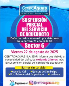 Se extiende suspensión parcial del servicio de acueducto en el sector 6