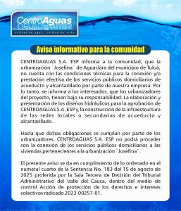 Aviso informativo para la comunidad urbanización Josefina