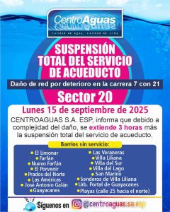 Se extiende suspensión total del servicio de acueducto en el sector 20
