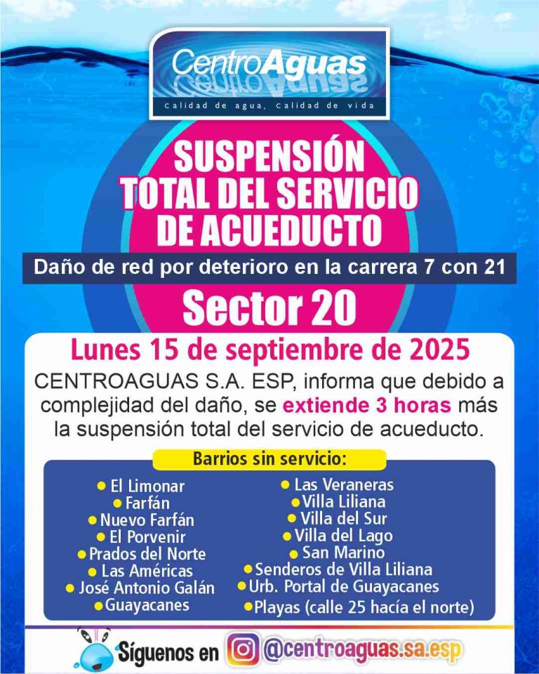 Se extiende suspensión total del servicio de acueducto en el sector 20