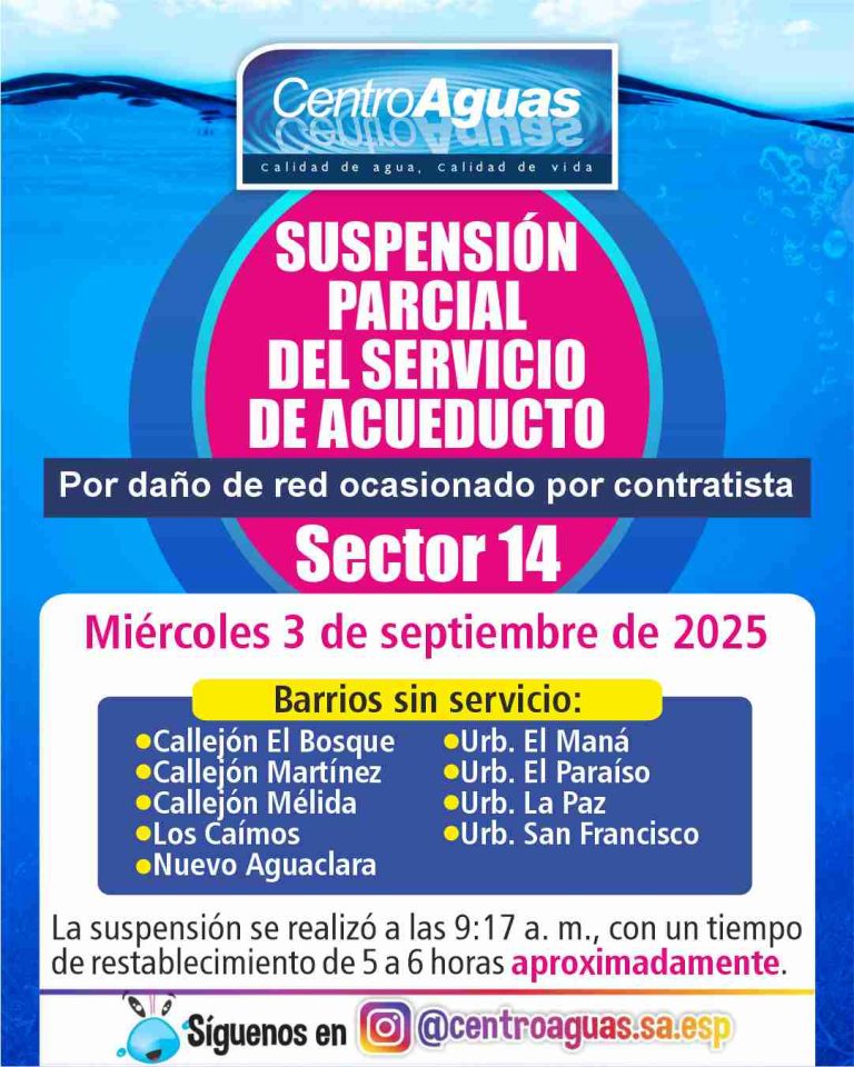 Suspensión parcial del servicio de acueducto del sector 14