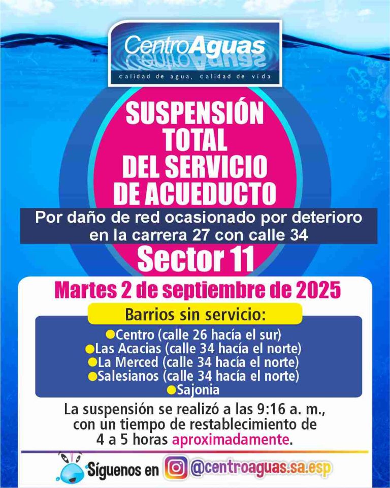 Suspensión total del servicio de acueducto del sector 11