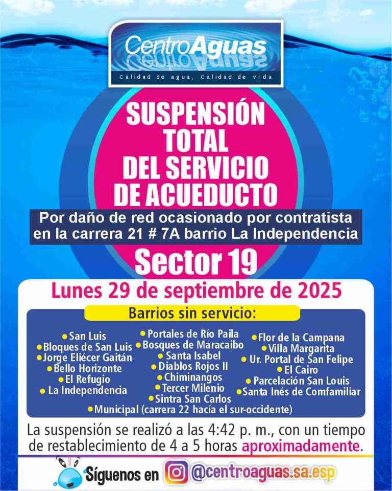 Suspensión total del servicio de acueducto del sector 19