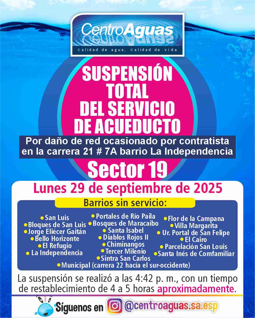 Suspensión total del servicio de acueducto del sector 19