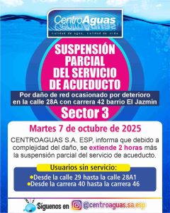 Se extiende el tiempo de suspensión parcial del servicio de acueducto del sector 3