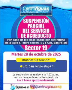Suspensión parcial del servicio de acueducto del sector 19