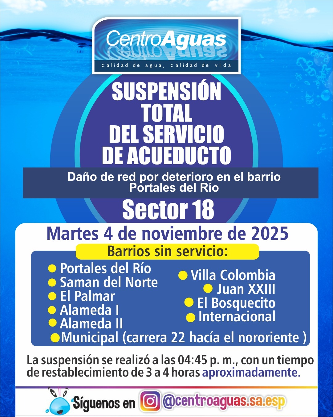 Suspensión total del servicio de acueducto del sector 18