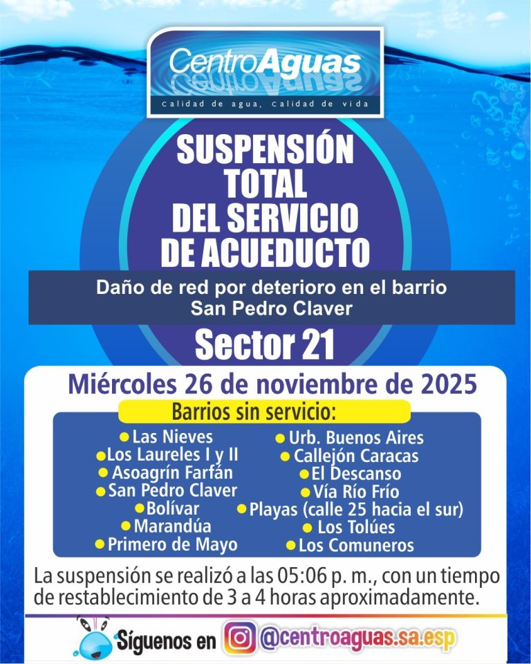 Suspensión total del servicio de acueducto en el sector 21