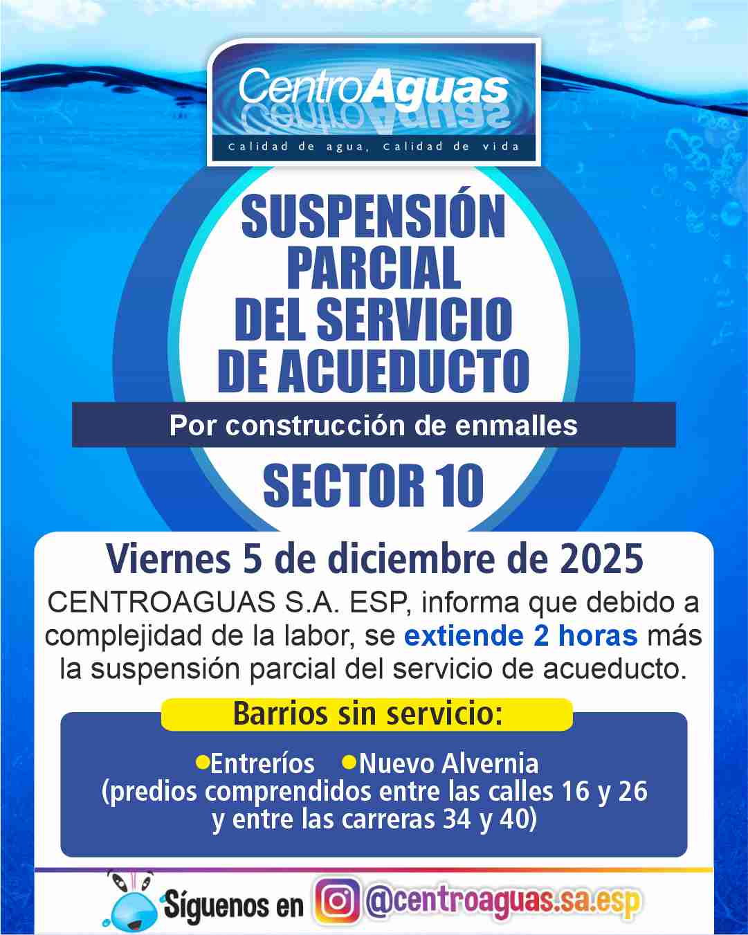 Se extiende el tiempo de suspensión parcial del servicio de acueducto del sector 10