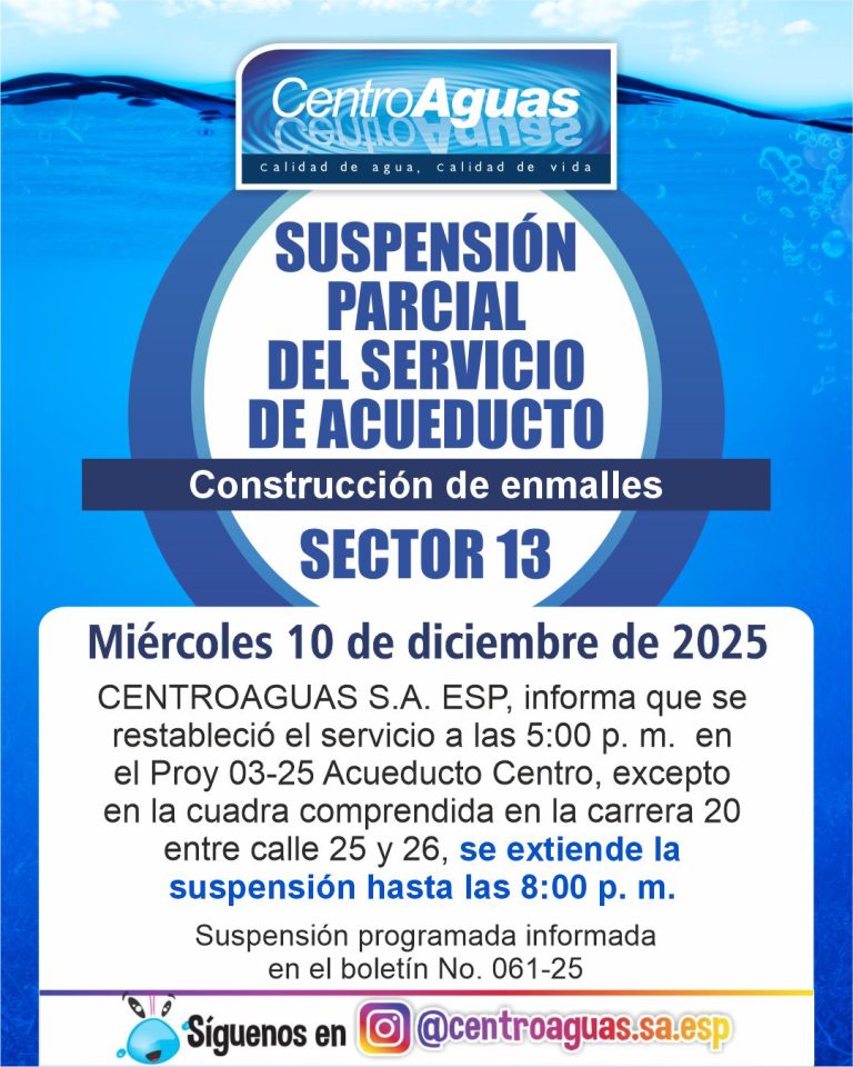 Se extiende suspensión parcial del servicio de acueducto del sector 13
