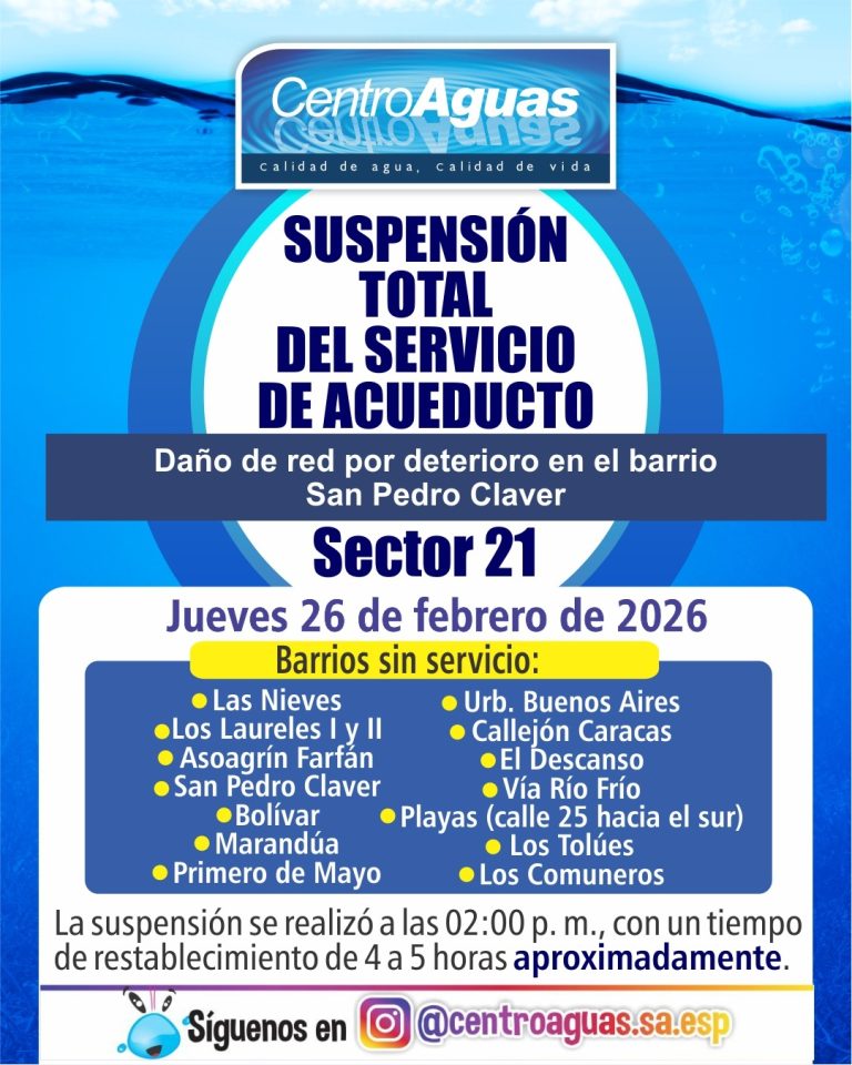 Suspensión total del servicio de acueducto del sector 21