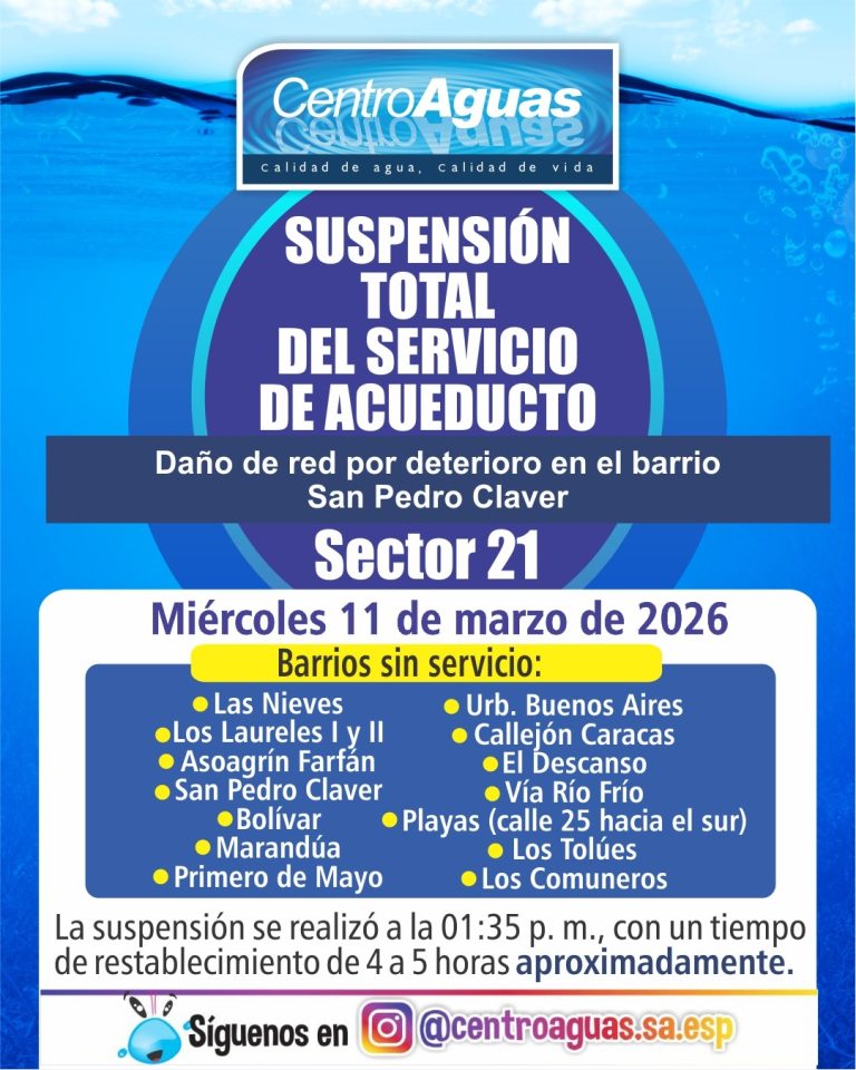 Suspensión total del servicio de acueducto del sector 21