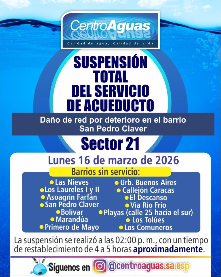 Suspensión total del servicio de acueducto del sector 21