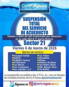 Suspensión total del servicio de acueducto del sector 21
