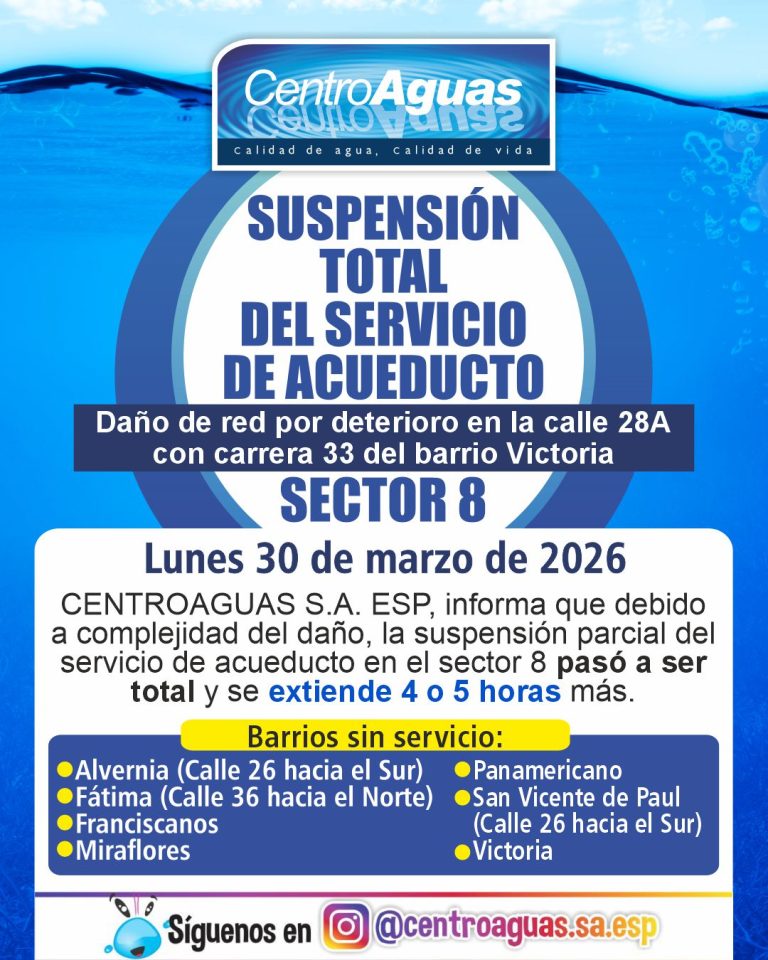 Se extiende suspensión del servicio de acueducto en el sector 8