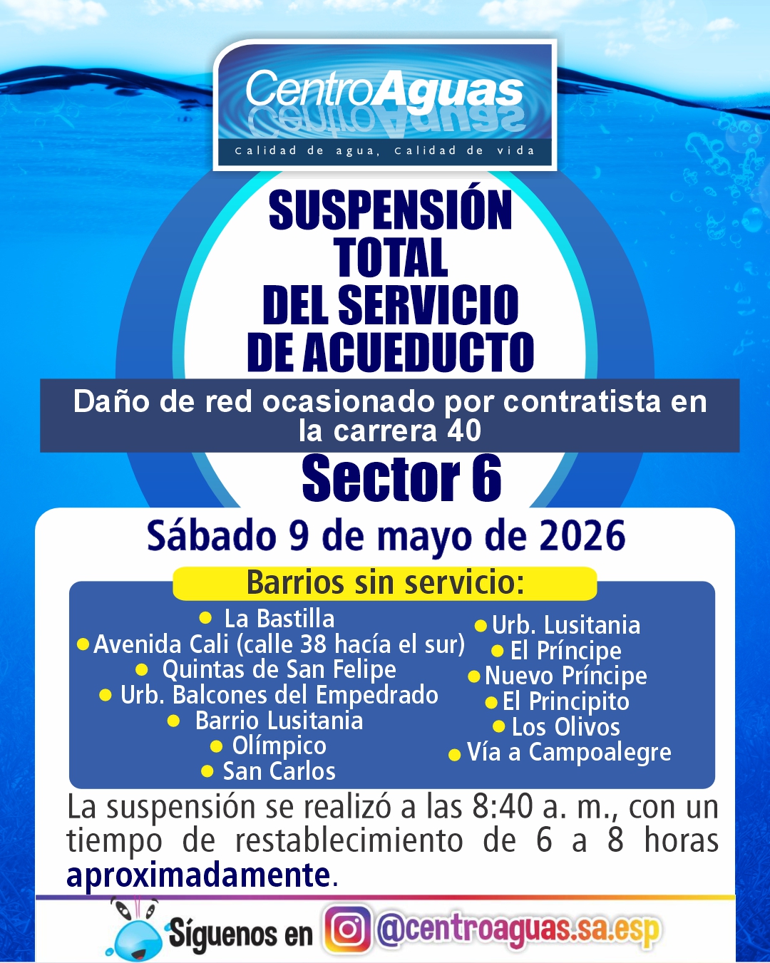 Suspensión total del servicio en el sector 6 por daño de red
