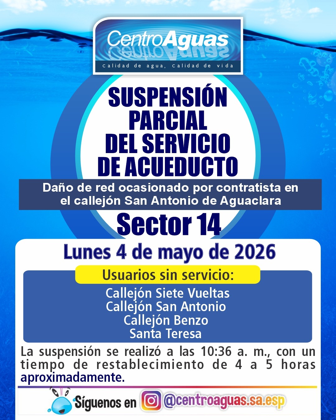 Suspensión parcial del servicio de acueducto del sector 14