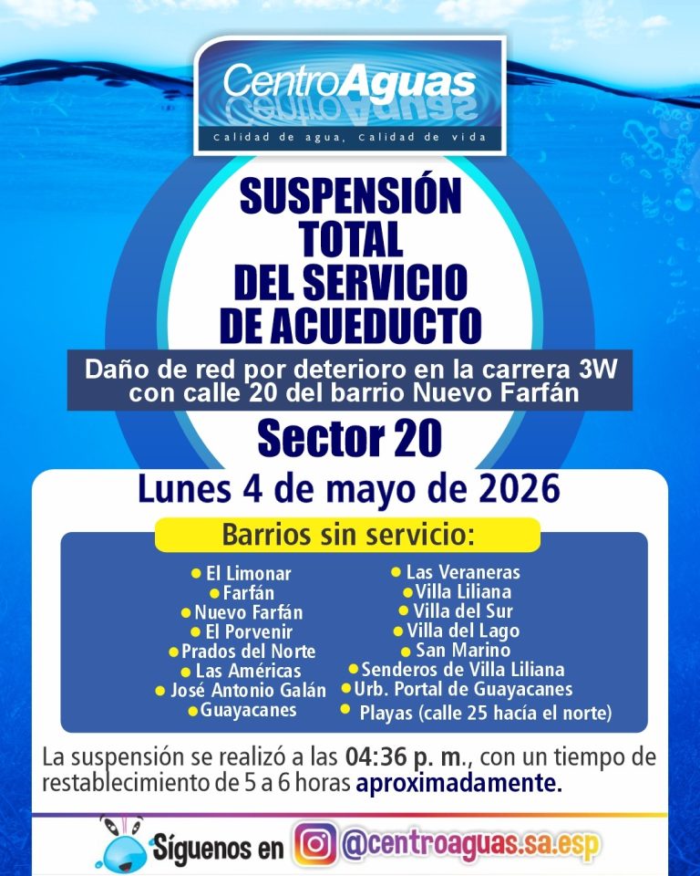 Suspensión total del servicio de acueducto del sector 20