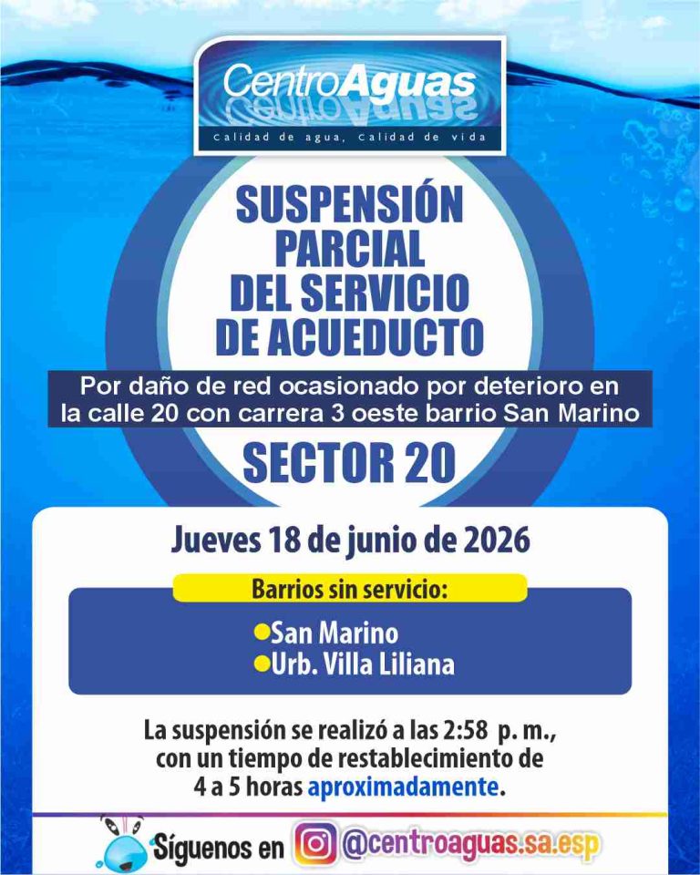 Suspensión parcial del servicio de acueducto del sector 20