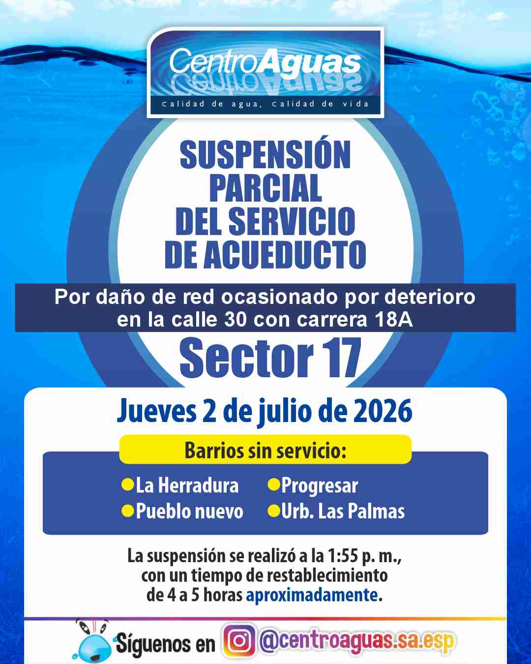 Suspensión parcial del servicio de acueducto del sector 17